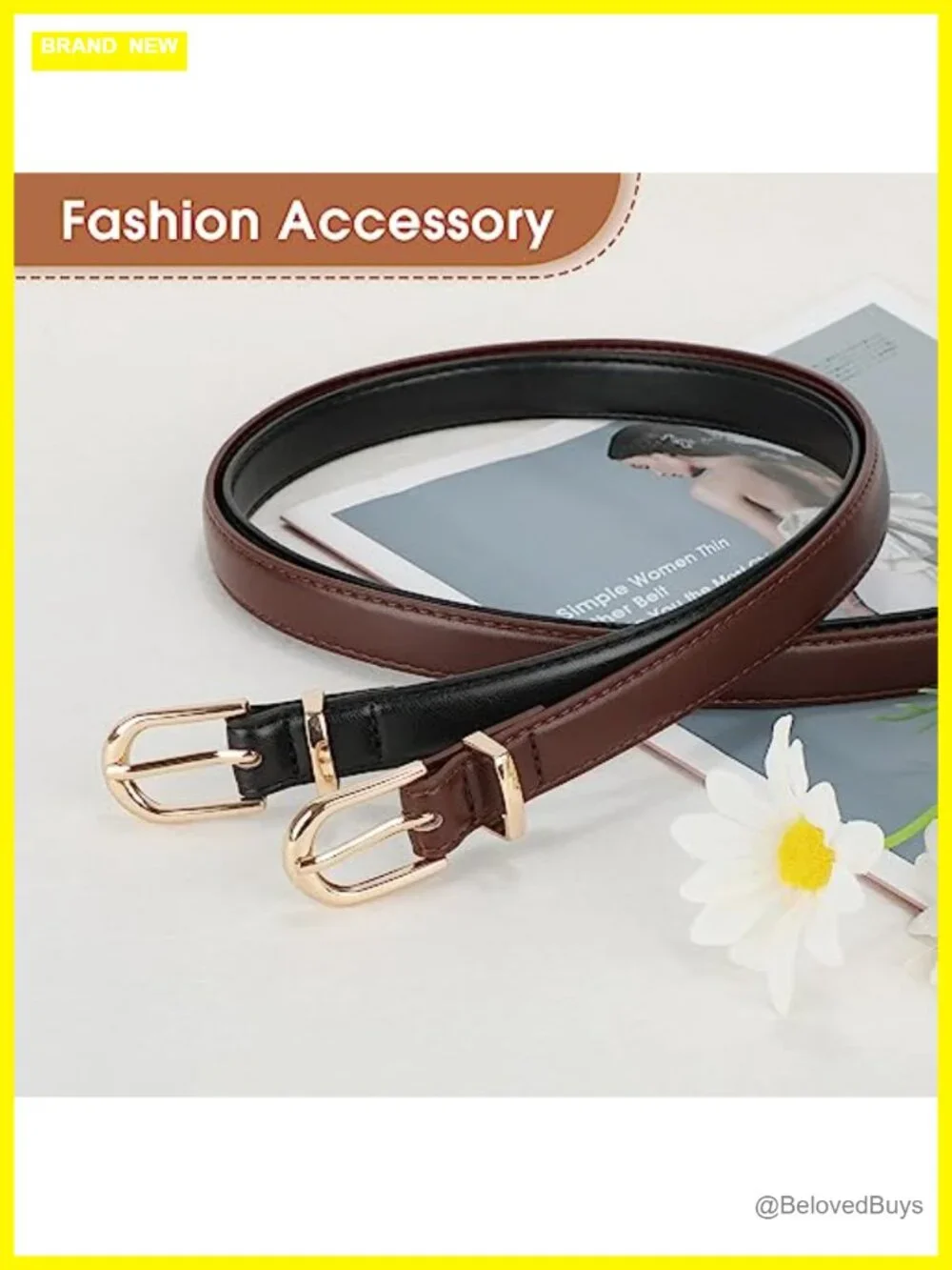Women's Skinny Faux Leather Belt 2 Pack with Gold/Silver Buckle